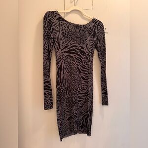 Alice + Olivia Black and Gray Leopard Print Dress Bateau Neckline Long Sleeve